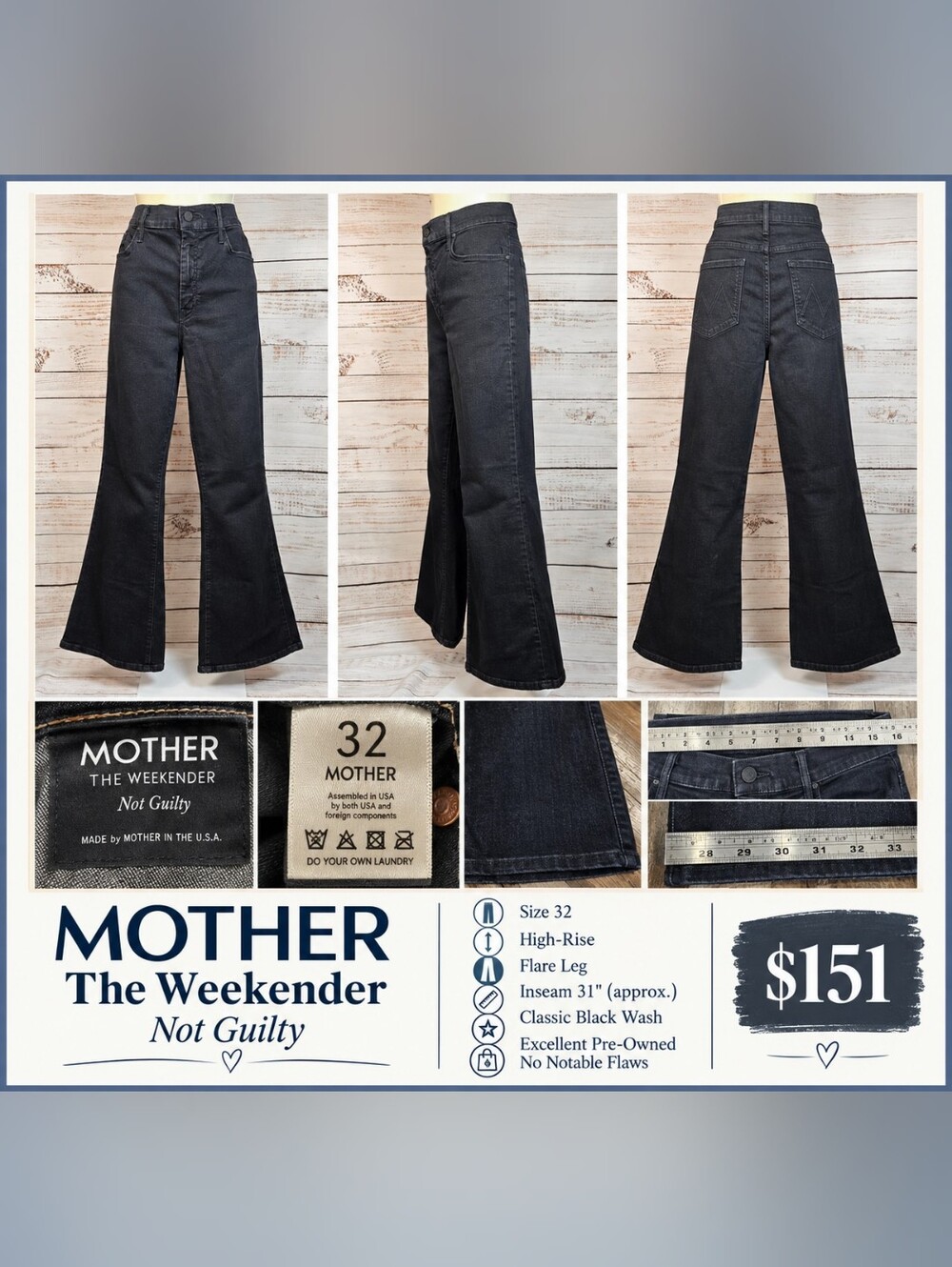MOTHER The Weekender High Rise Flare Jeans Size 32 Not Guilty Black